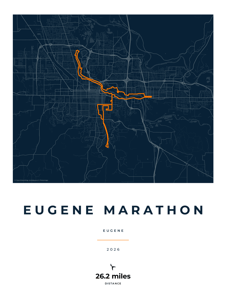 Eugene Marathon route map poster preview in the Race Blueprint artwork style