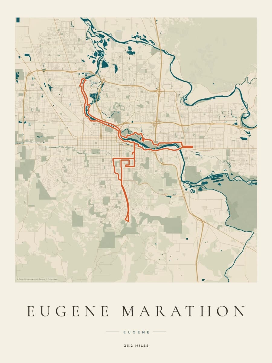 Eugene Marathon route map poster preview in the Coastal Atlas artwork style