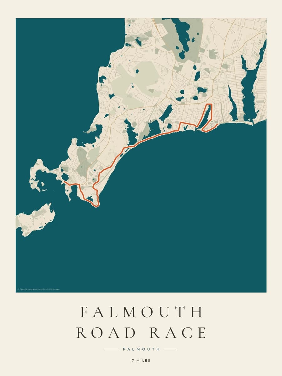 Falmouth Road Race route map poster preview in the Coastal Atlas artwork style