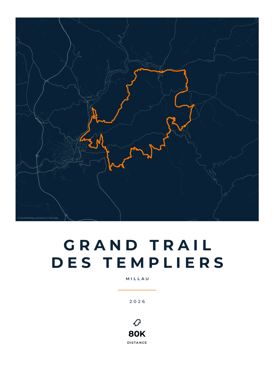 Grand Trail des Templiers route map poster preview in the Race Blueprint artwork style