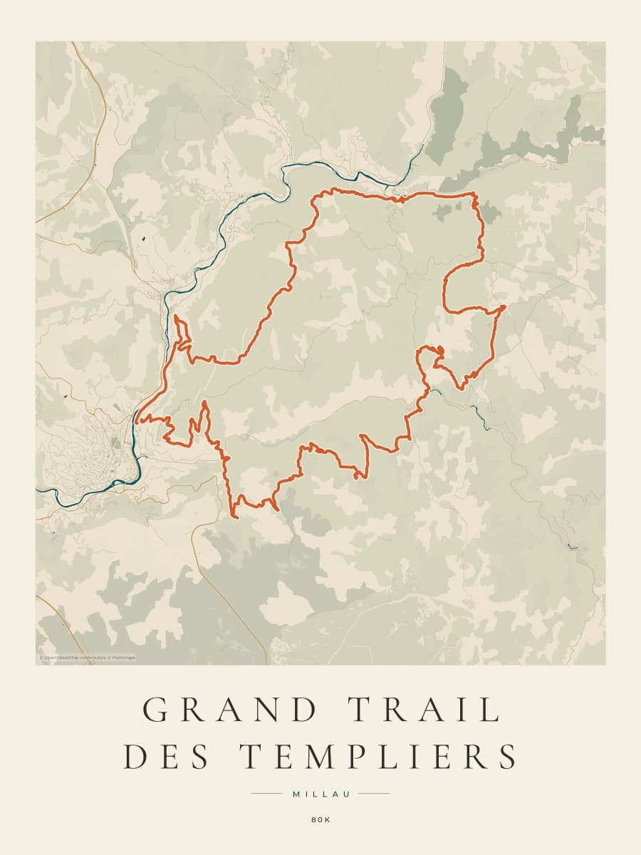 Grand Trail des Templiers route map poster preview in the Coastal Atlas artwork style