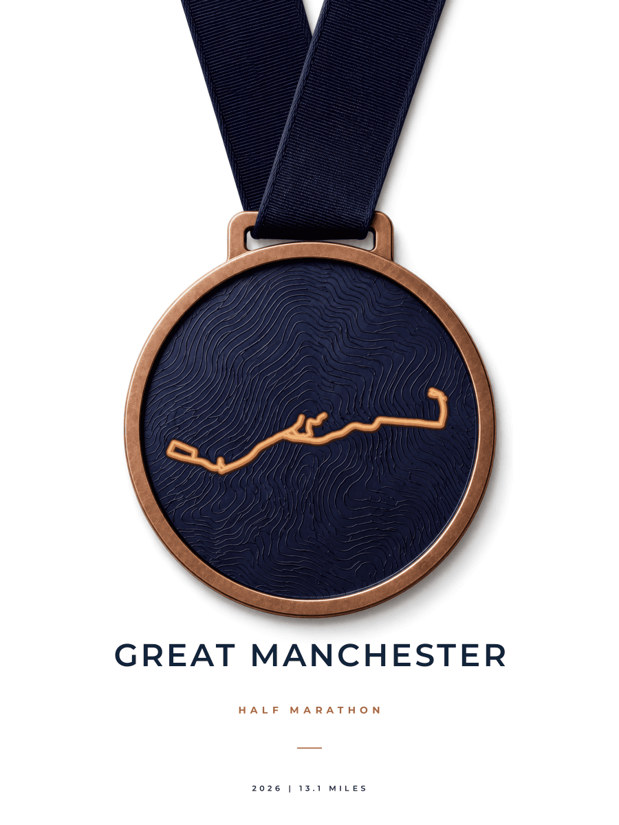 Great Manchester Run Half Marathon route poster preview in the Medal artwork style