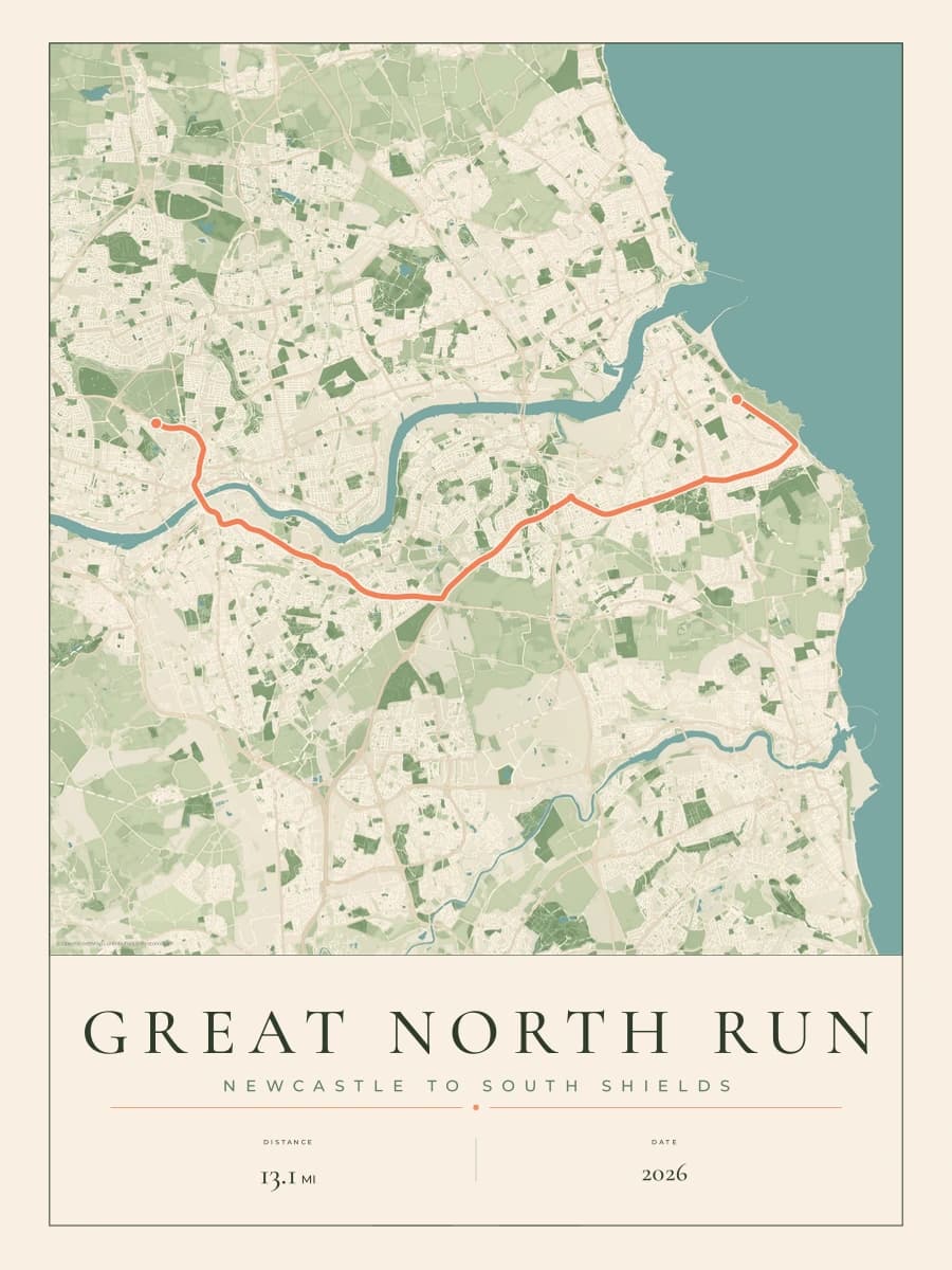 Great North Run route poster preview in the Parkland artwork style