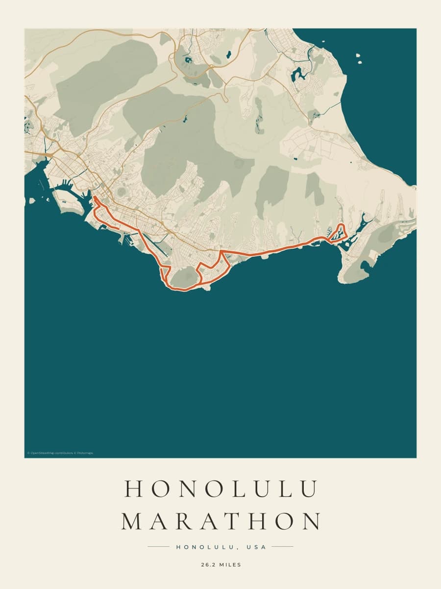 Honolulu Marathon route poster preview in the Coastal Atlas artwork style