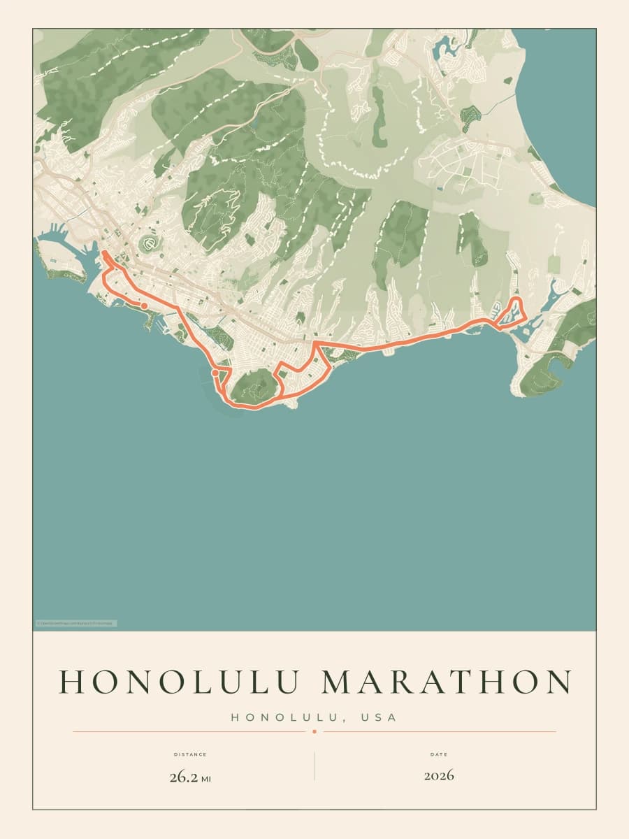 Honolulu Marathon route poster preview in the Parkland artwork style