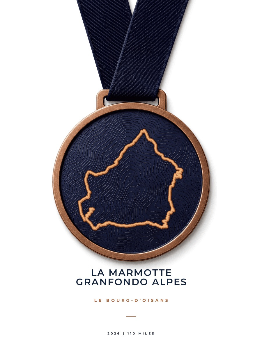 La Marmotte route map poster preview in the Medal artwork style