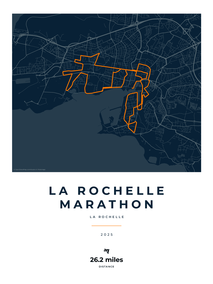 La Rochelle Marathon route map poster preview in the Race Blueprint artwork style