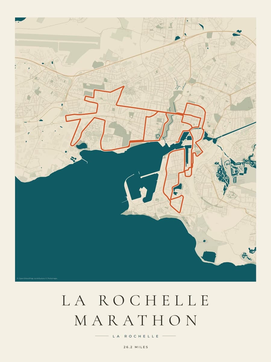 La Rochelle Marathon route map poster preview in the Coastal Atlas artwork style