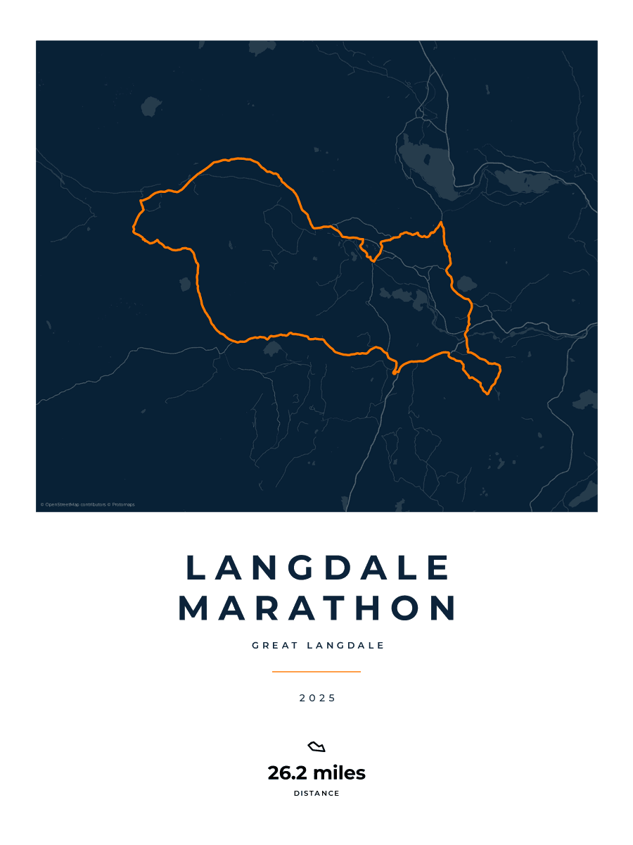 Langdale Marathon route poster preview in the Race Blueprint artwork style