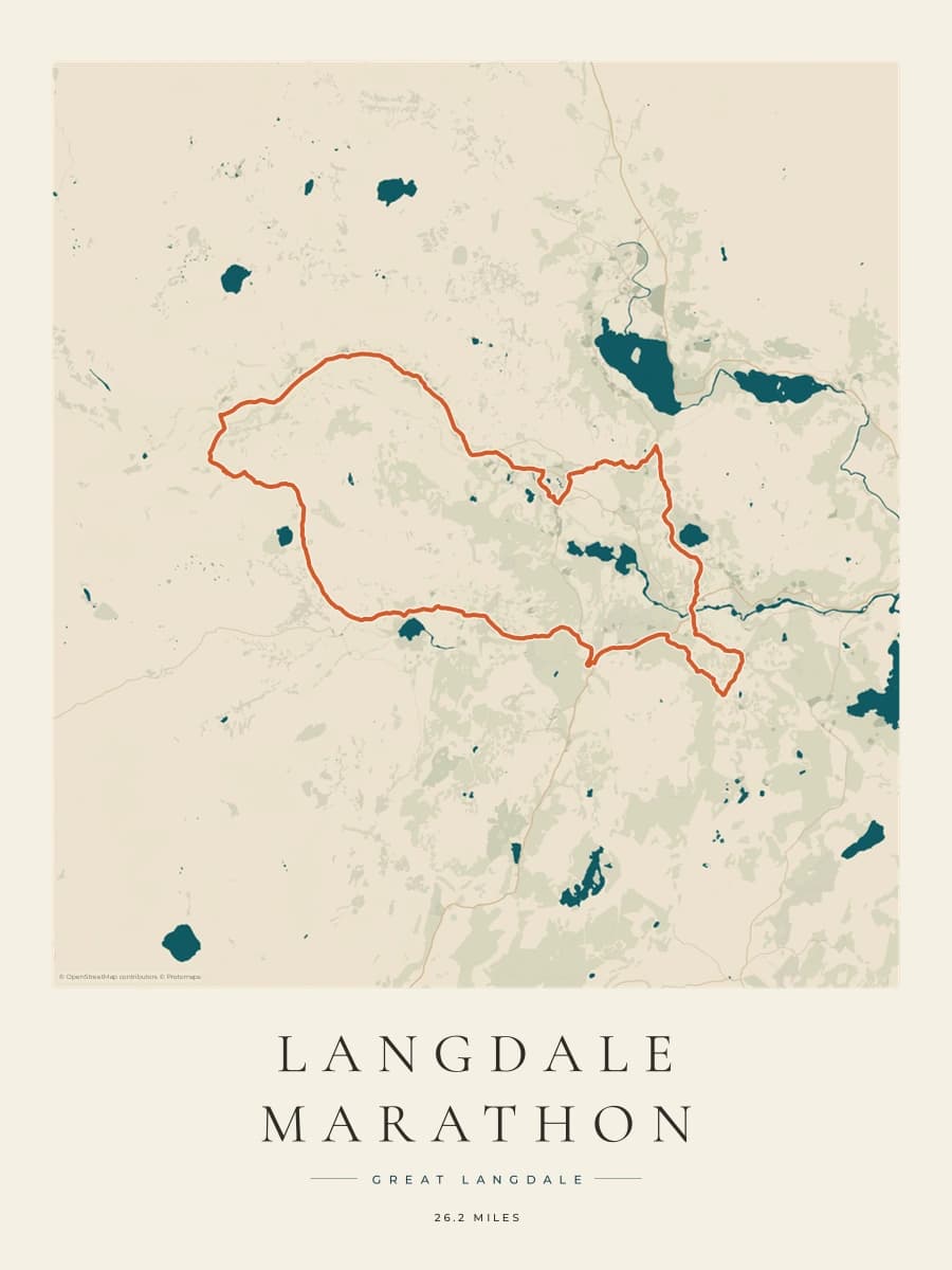 Langdale Marathon route poster preview in the Coastal Atlas artwork style