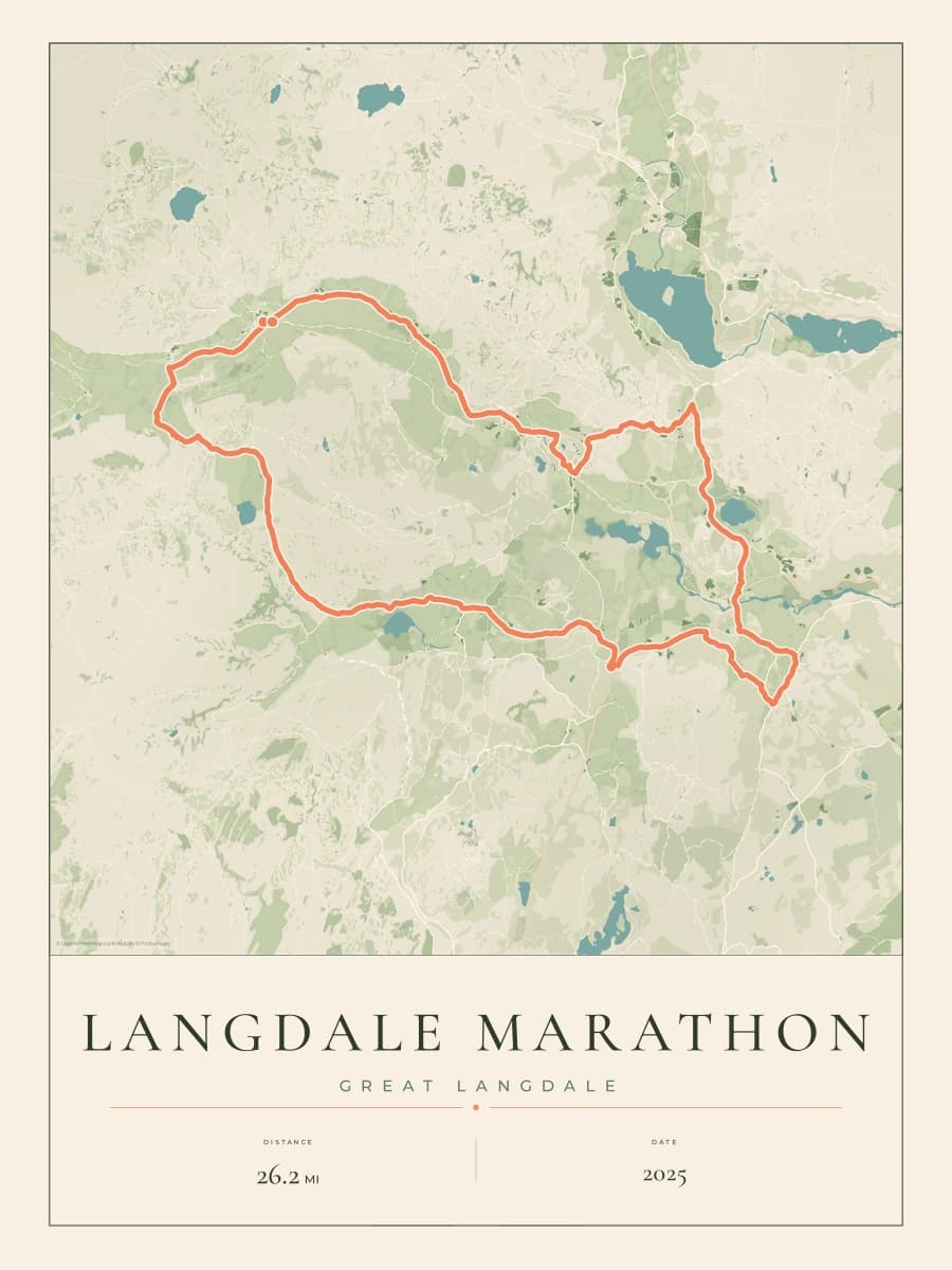 Langdale Marathon route poster preview in the Parkland artwork style