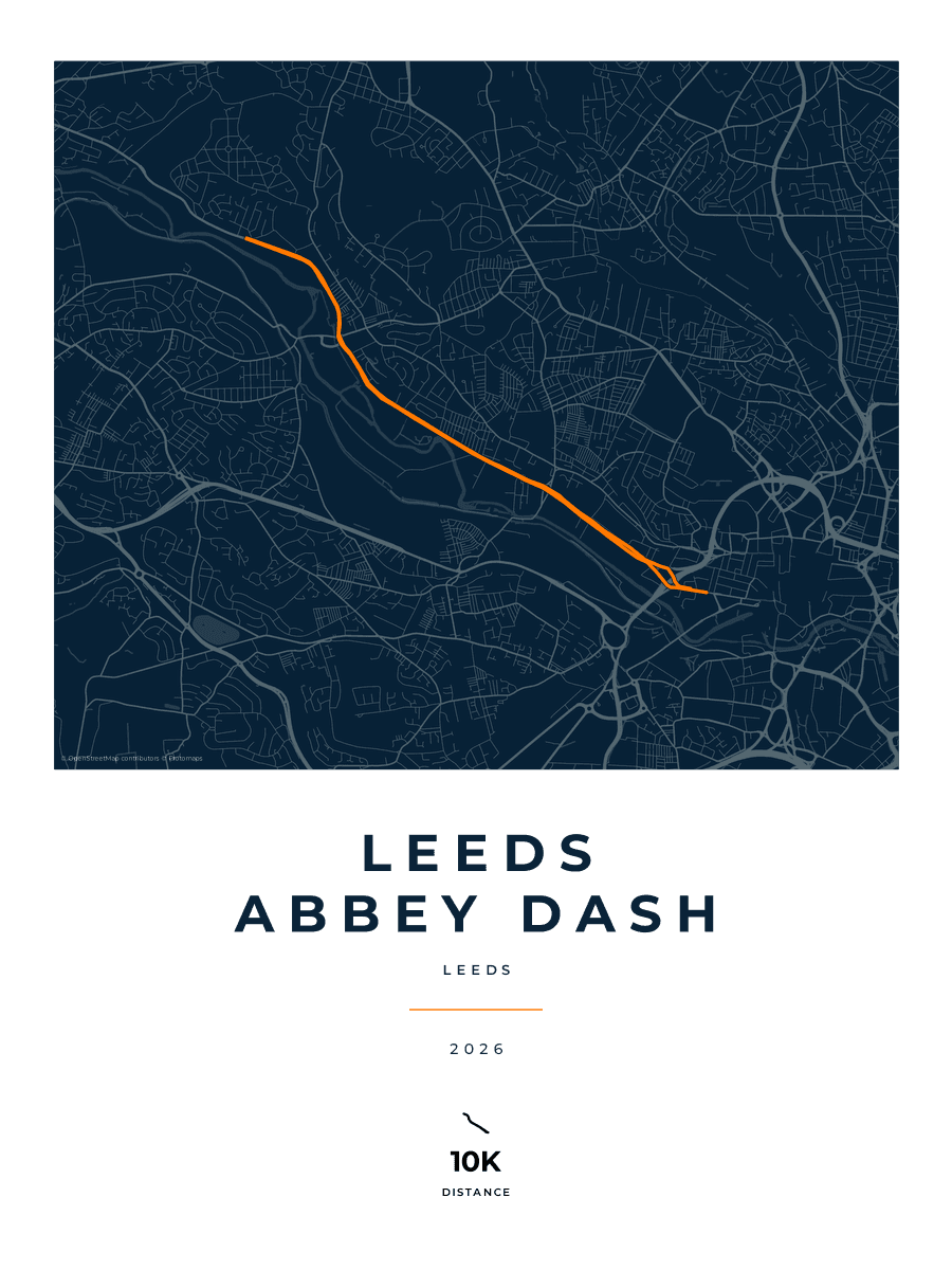 Leeds Abbey Dash route map poster preview in the Race Blueprint artwork style