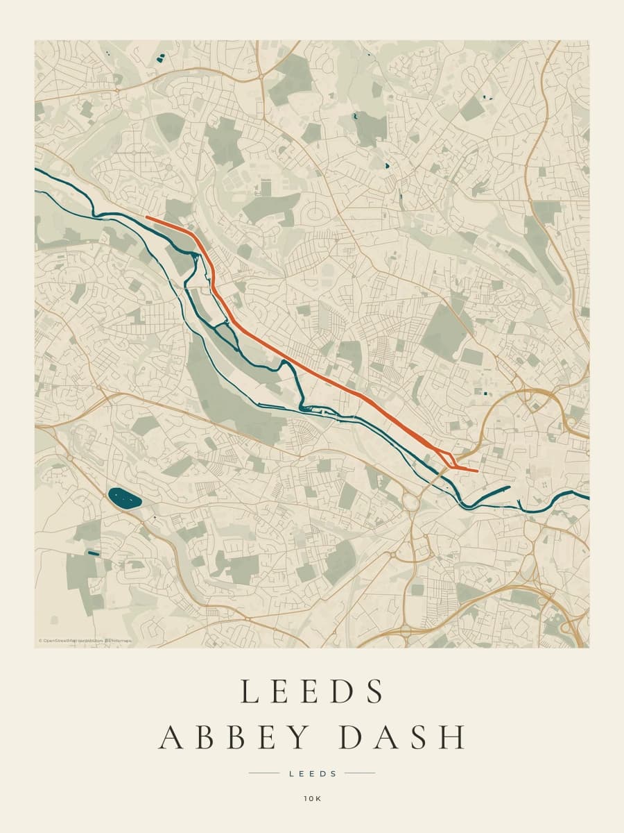 Leeds Abbey Dash route map poster preview in the Coastal Atlas artwork style