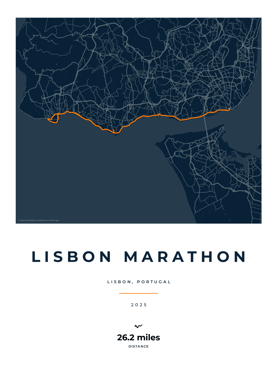 Lisbon Marathon route poster preview in the Race Blueprint artwork style