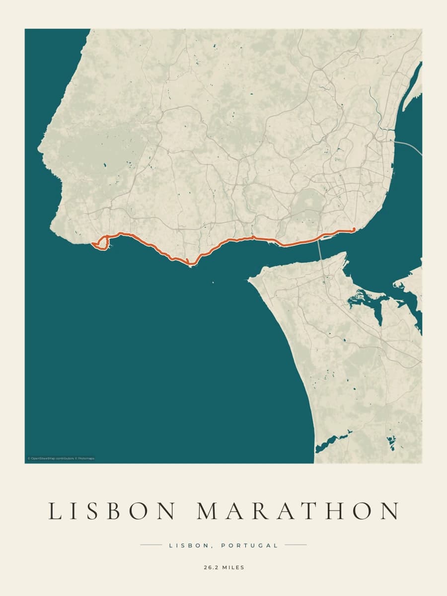 Lisbon Marathon route poster preview in the Coastal Atlas artwork style