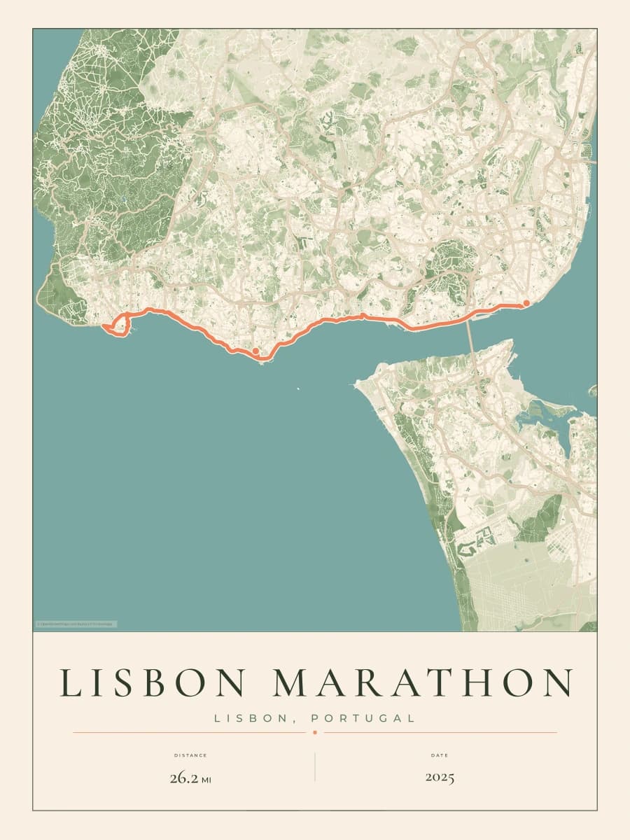 Lisbon Marathon route poster preview in the Parkland artwork style