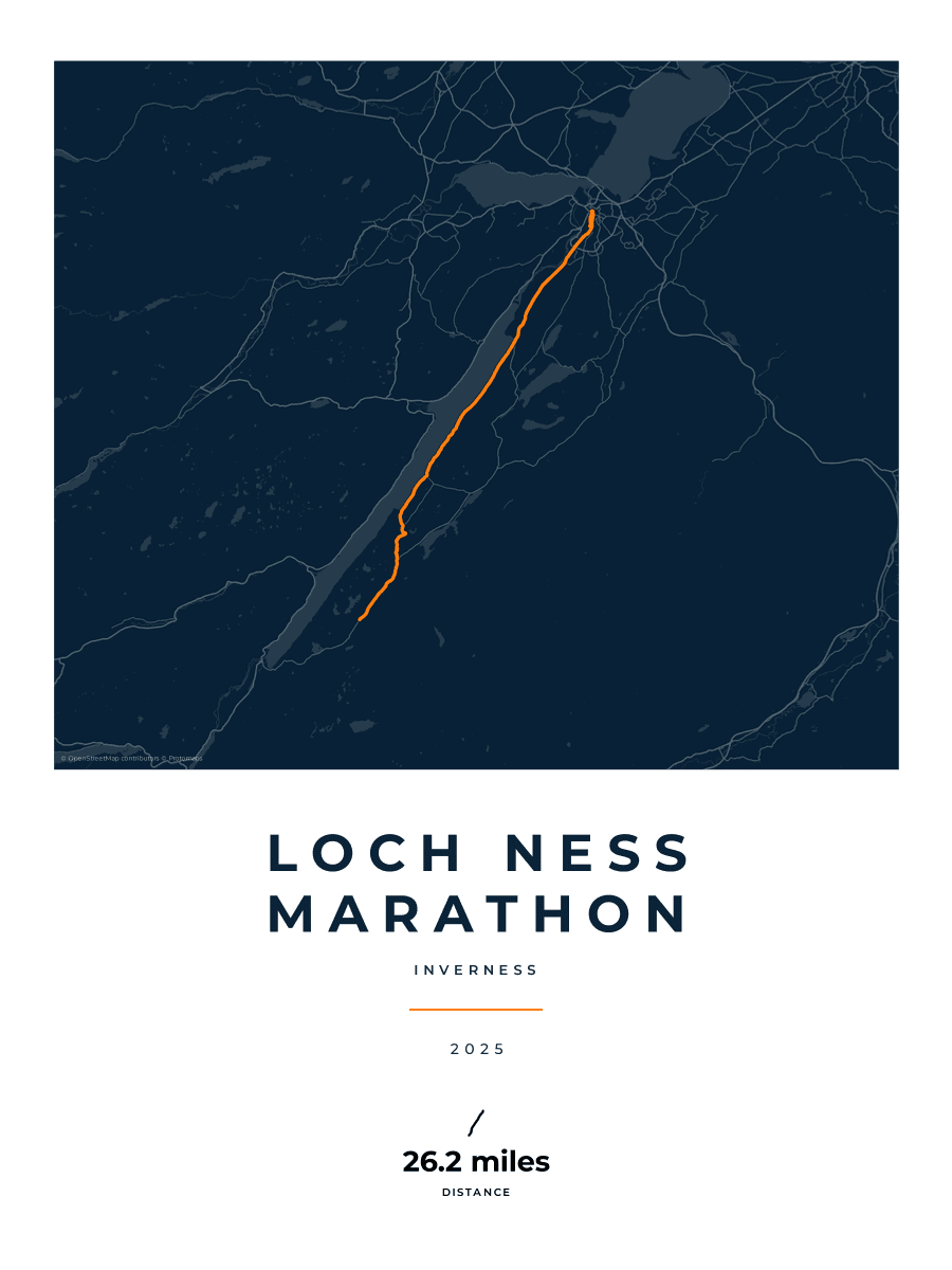 Loch Ness Marathon route poster preview in the Race Blueprint artwork style
