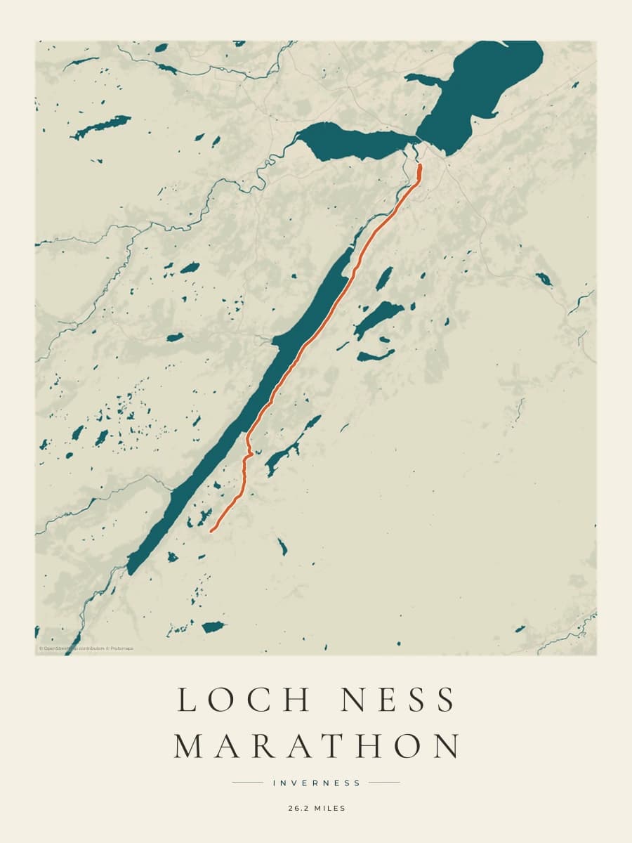 Loch Ness Marathon route poster preview in the Coastal Atlas artwork style