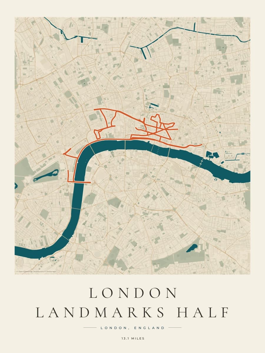 London Landmarks Half Marathon route poster preview in the Coastal Atlas artwork style