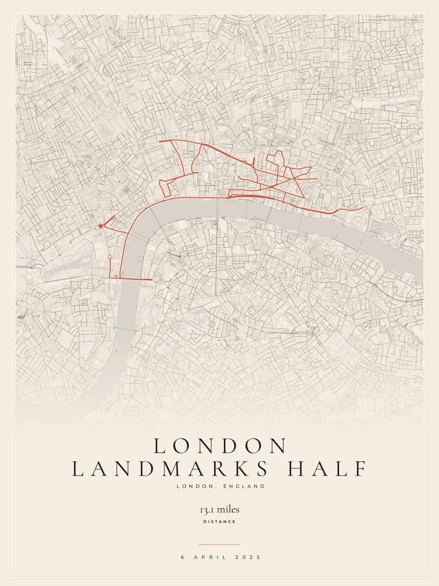 London Landmarks Half Marathon route poster preview in the Gallery Mono artwork style