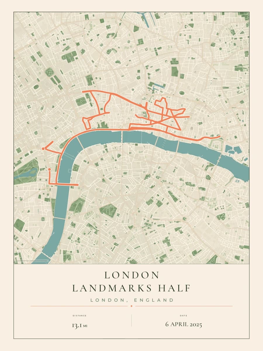 London Landmarks Half Marathon route poster preview in the Parkland artwork style