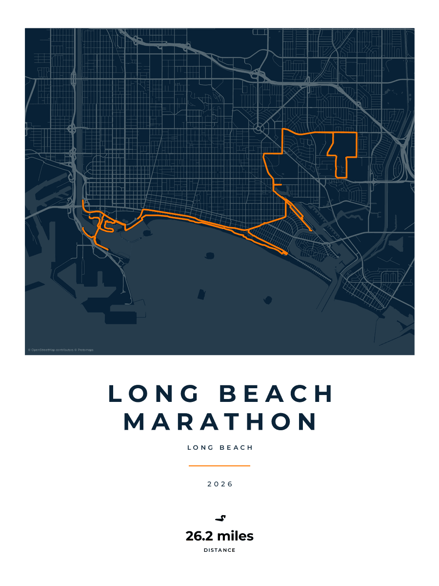 Long Beach Marathon route map poster preview in the Race Blueprint artwork style
