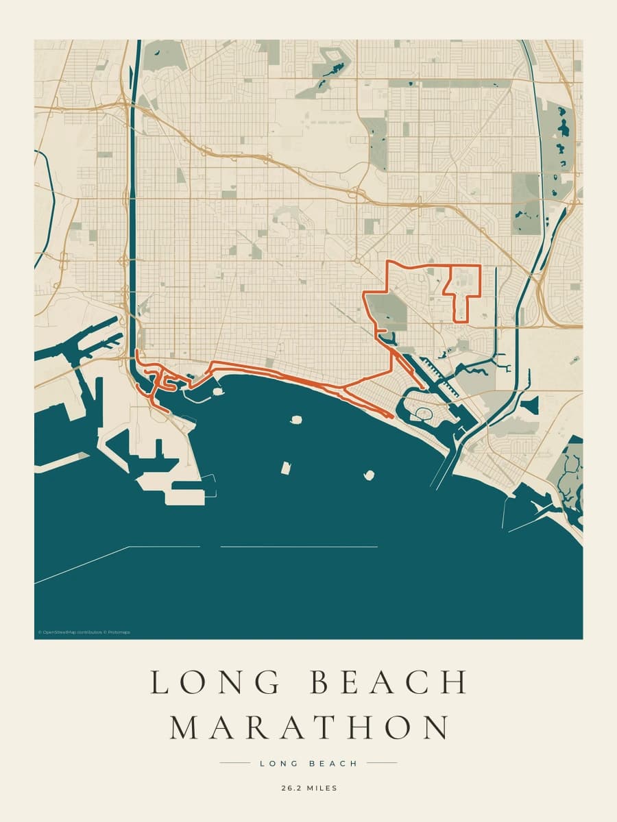Long Beach Marathon route map poster preview in the Coastal Atlas artwork style