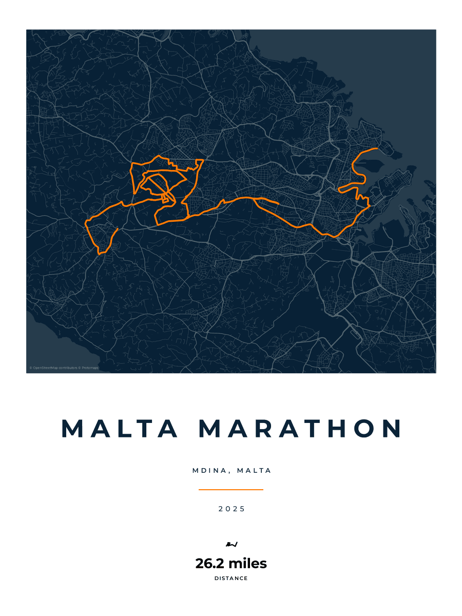 Malta Marathon route poster preview in the Race Blueprint artwork style