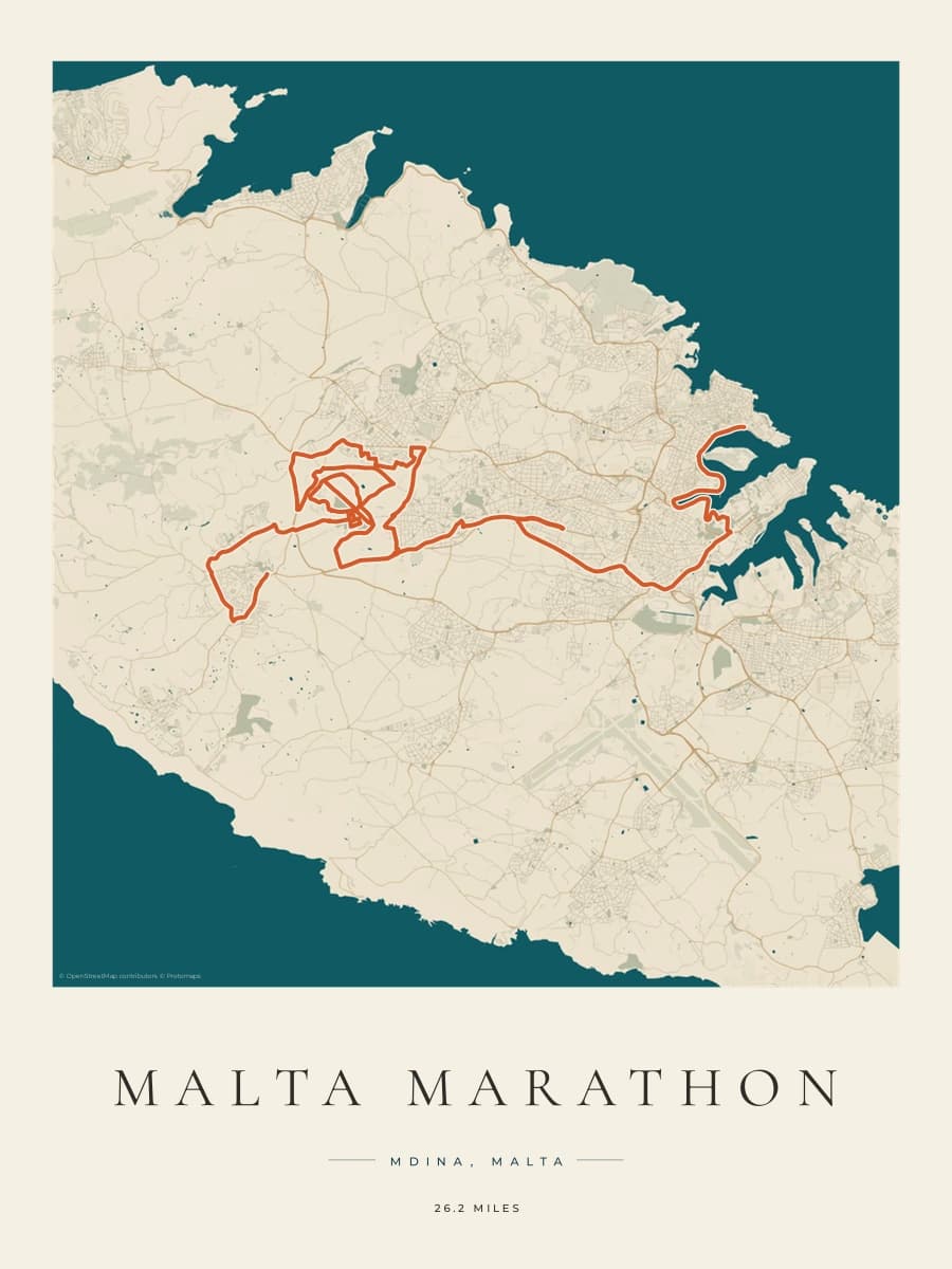 Malta Marathon route poster preview in the Coastal Atlas artwork style