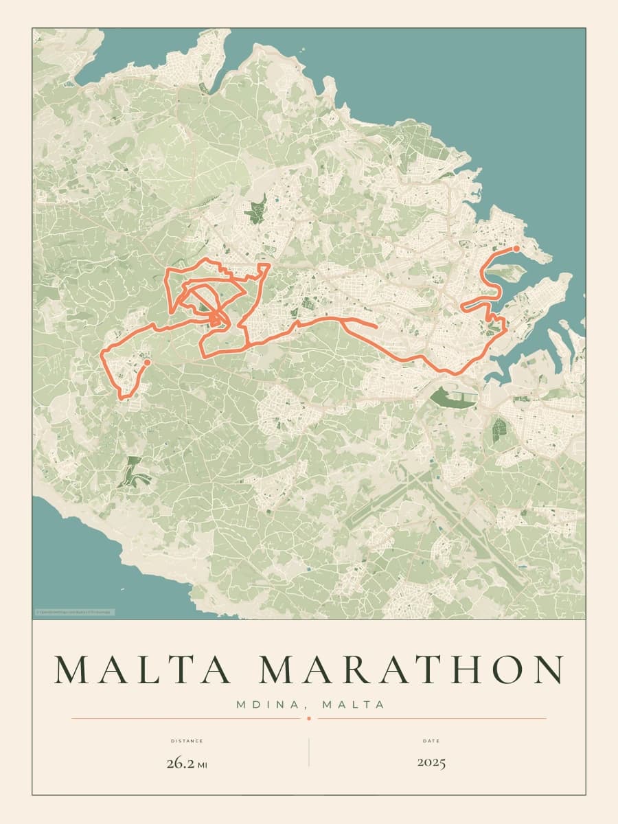 Malta Marathon route poster preview in the Parkland artwork style