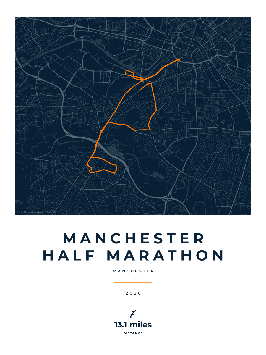 Manchester Half Marathon route poster preview in the Race Blueprint artwork style