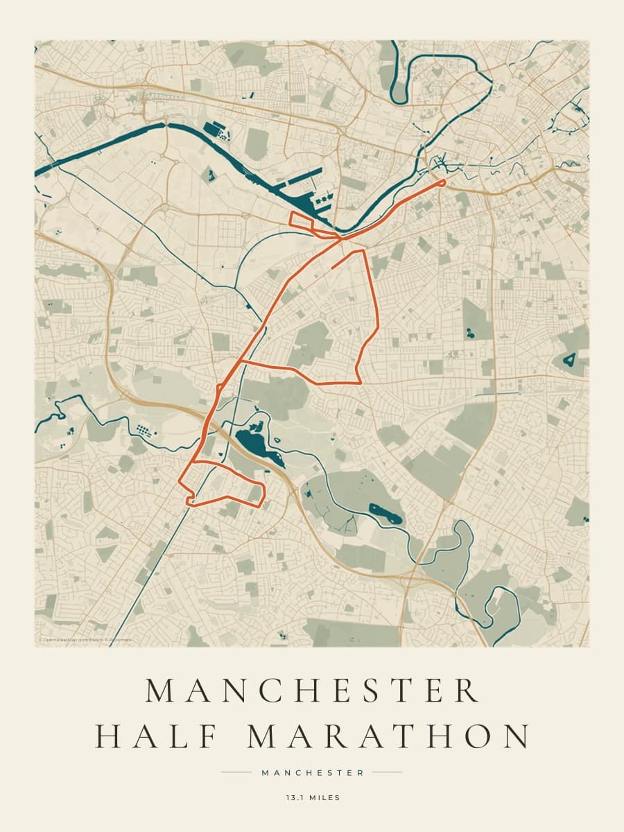Manchester Half Marathon route poster preview in the Coastal Atlas artwork style