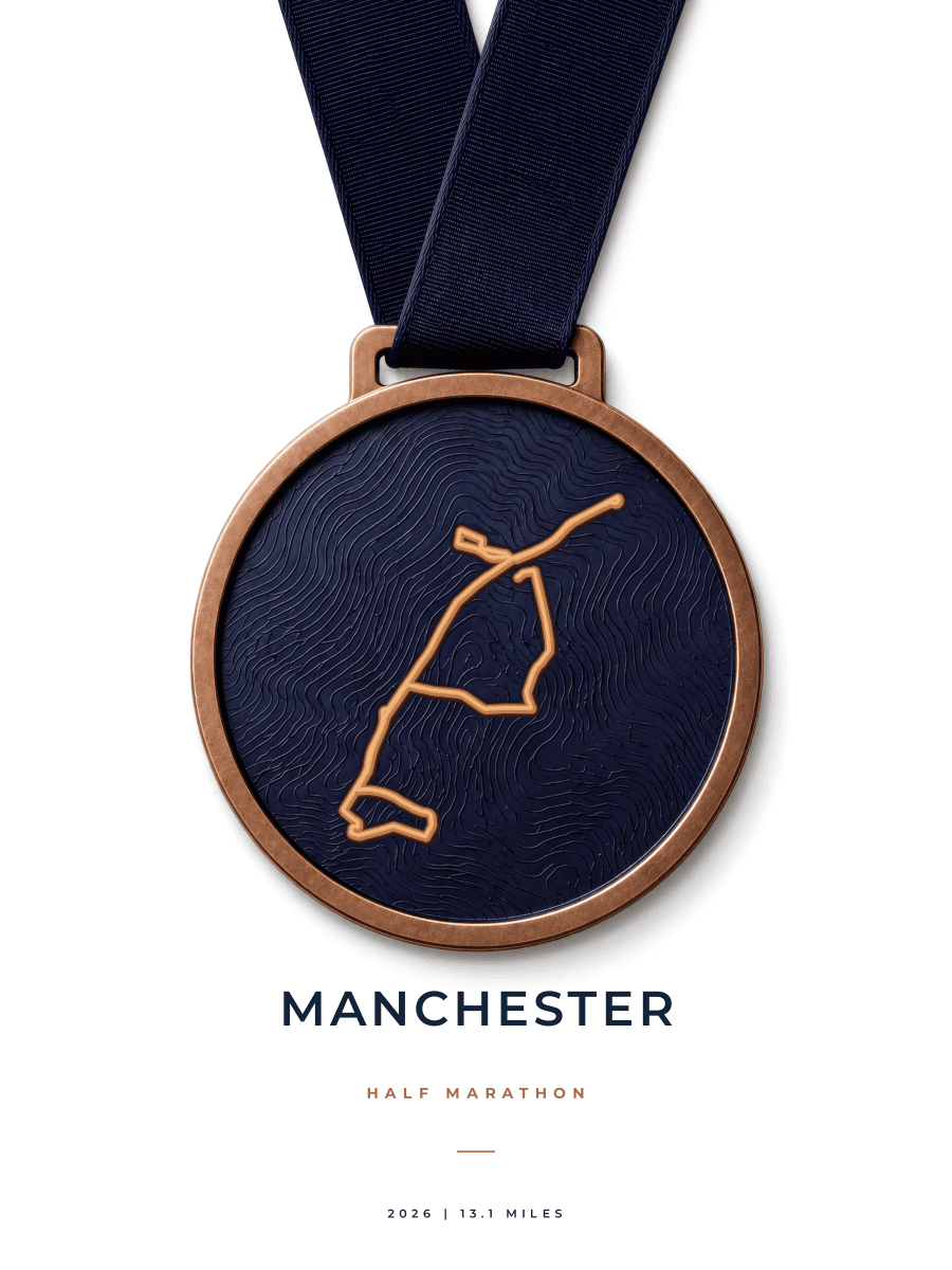 Manchester Half Marathon route poster preview in the Medal artwork style