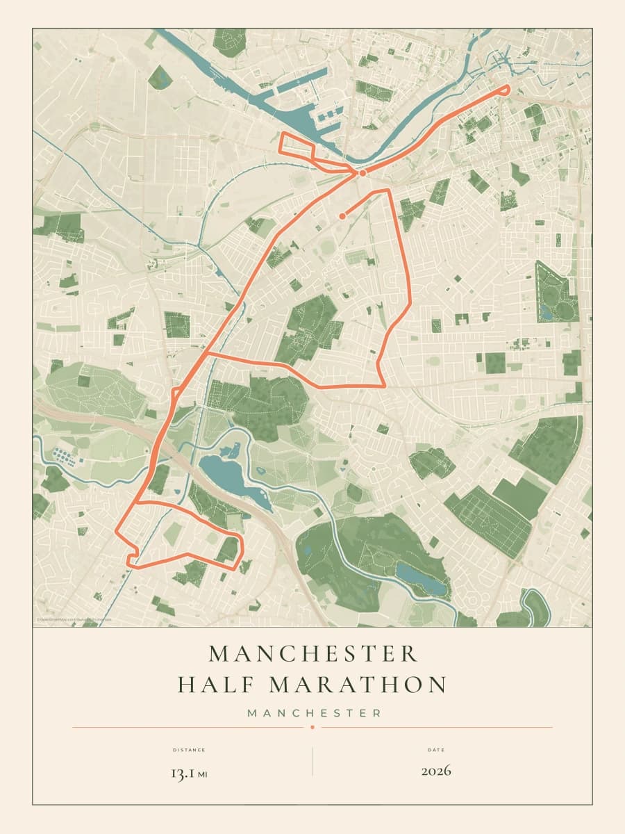 Manchester Half Marathon route poster preview in the Parkland artwork style