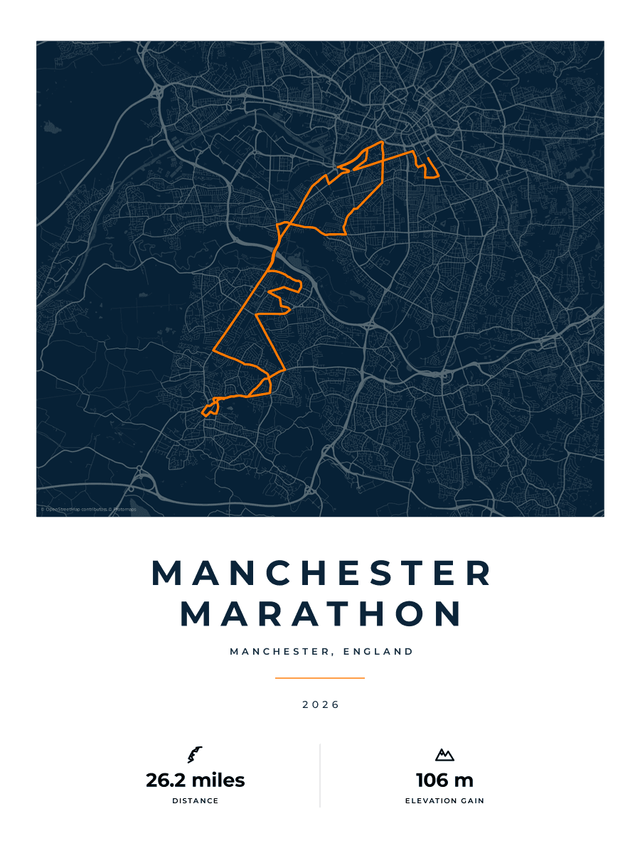 Manchester Marathon route poster preview in the Race Blueprint artwork style