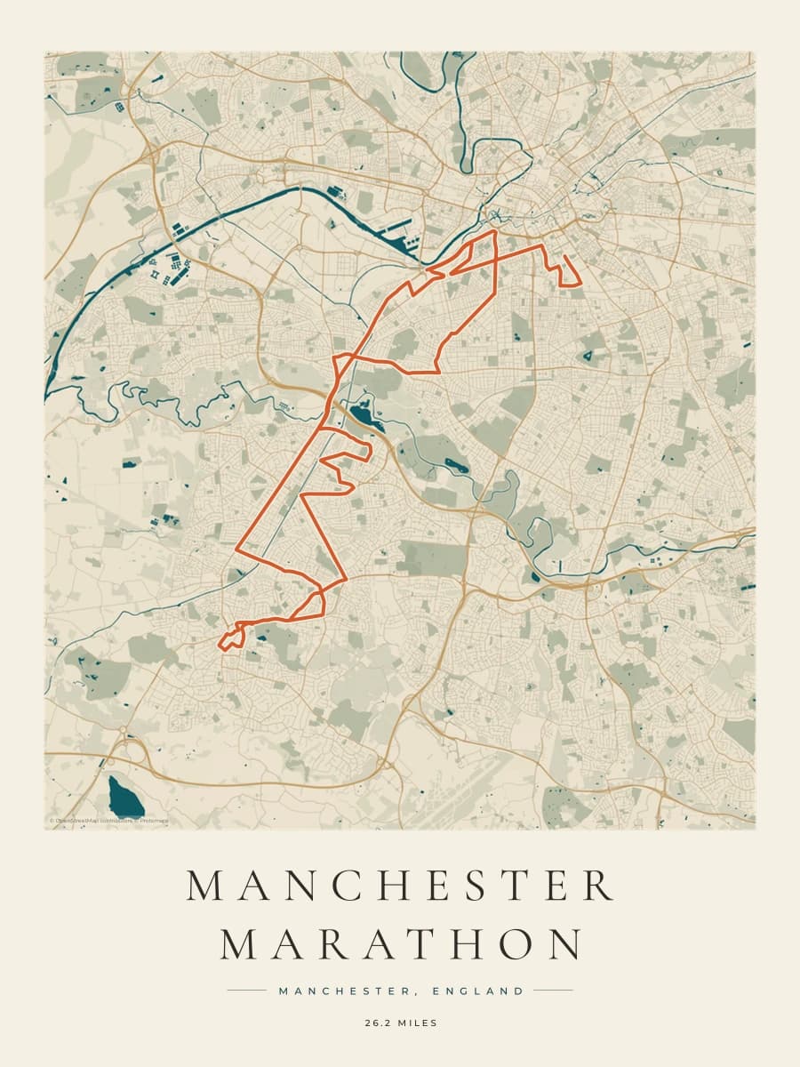 Manchester Marathon route poster preview in the Coastal Atlas artwork style