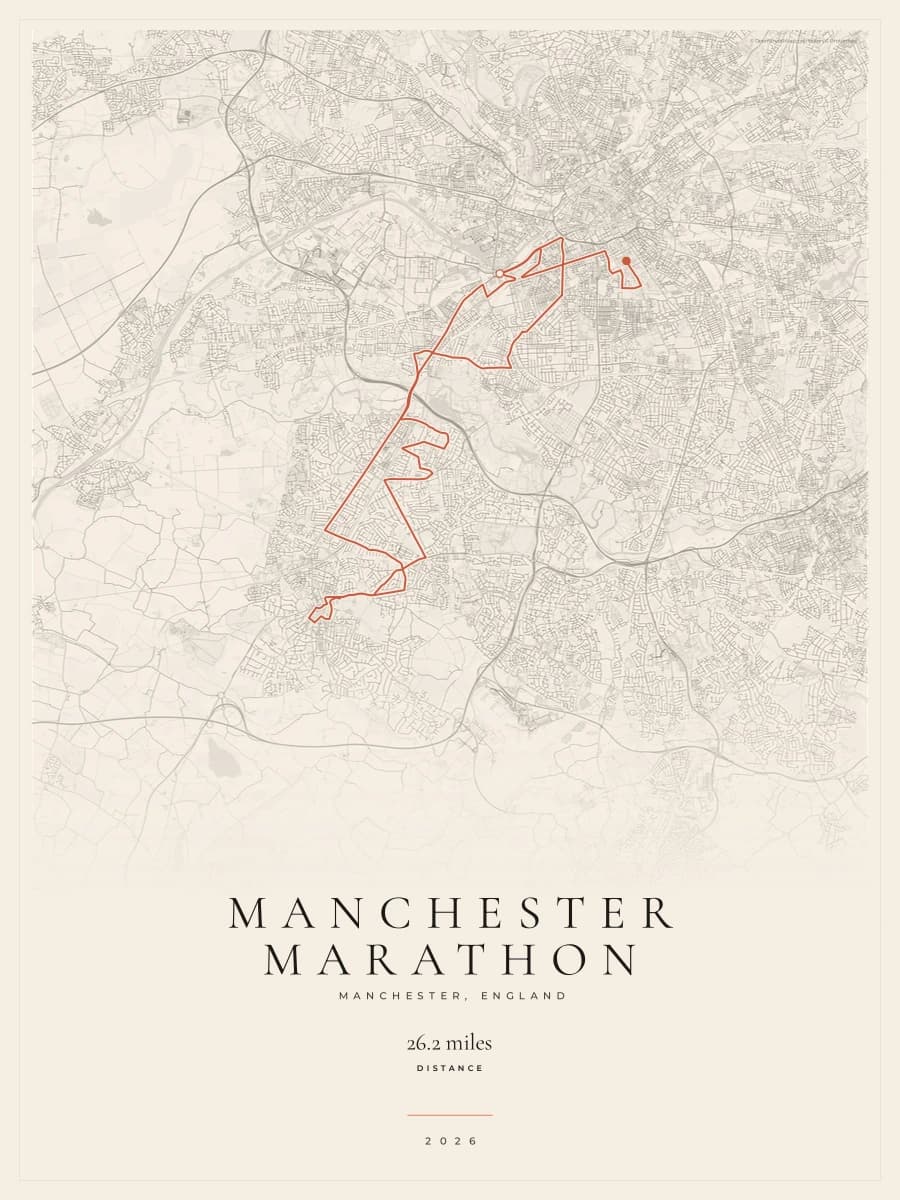 Manchester Marathon route poster preview in the Gallery Mono artwork style