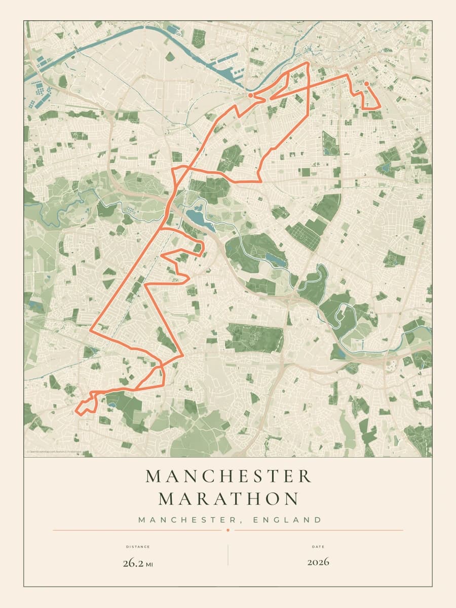 Manchester Marathon route poster preview in the Parkland artwork style