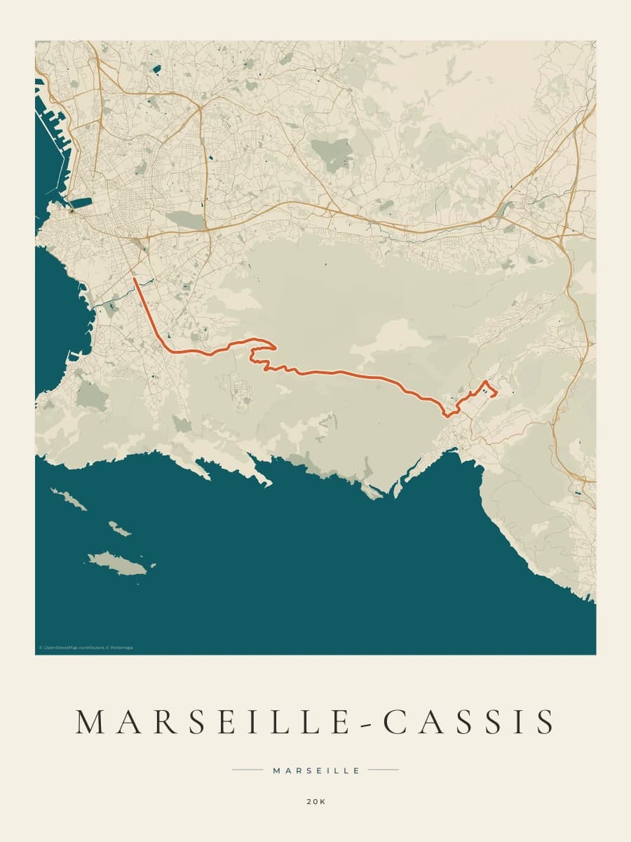 Marseille-Cassis route map poster preview in the Coastal Atlas artwork style