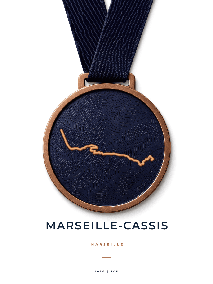 Marseille-Cassis route map poster preview in the Medal artwork style