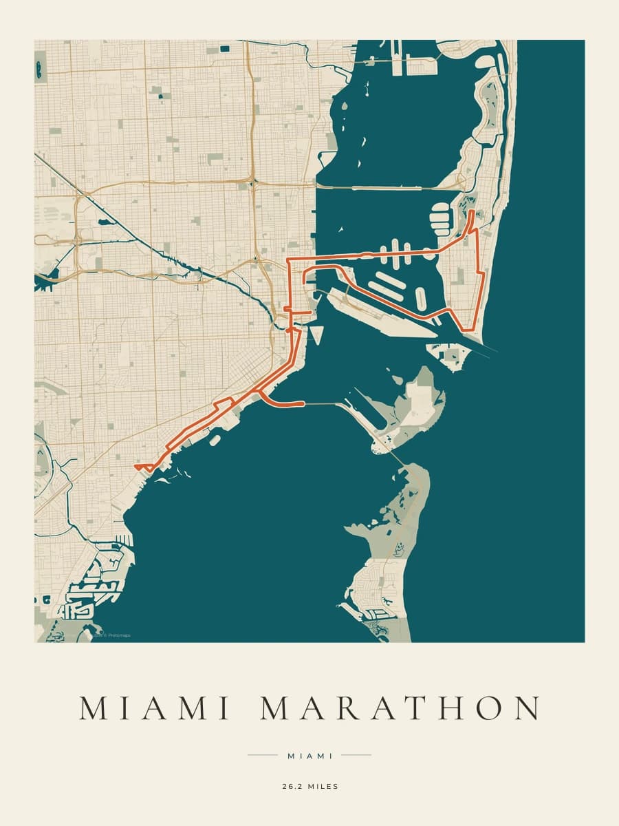Miami Marathon route map poster preview in the Coastal Atlas artwork style