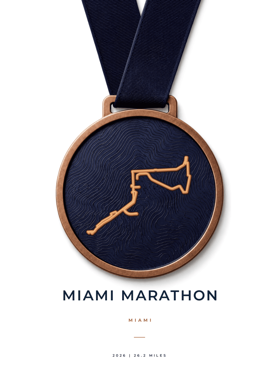Miami Marathon route map poster preview in the Medal artwork style