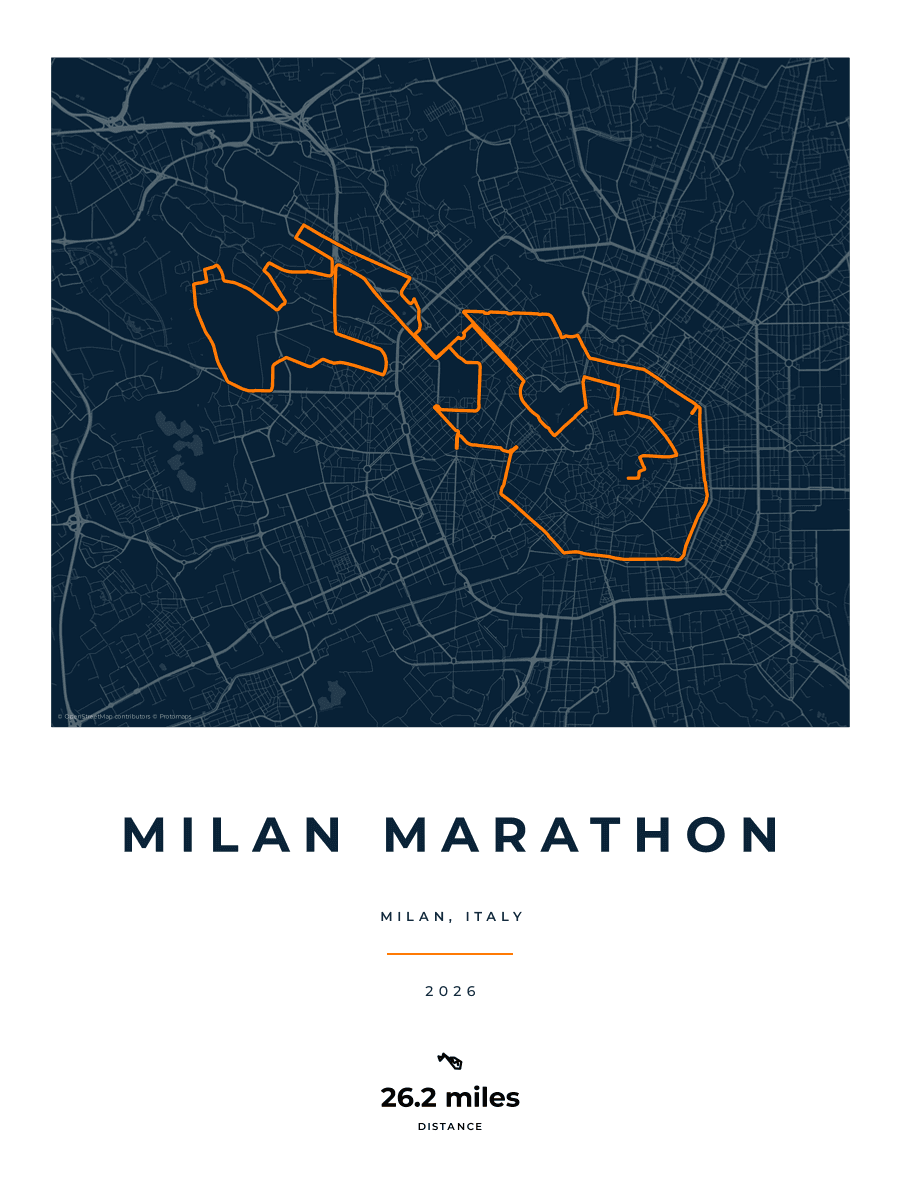 Milan Marathon route poster preview in the Race Blueprint artwork style