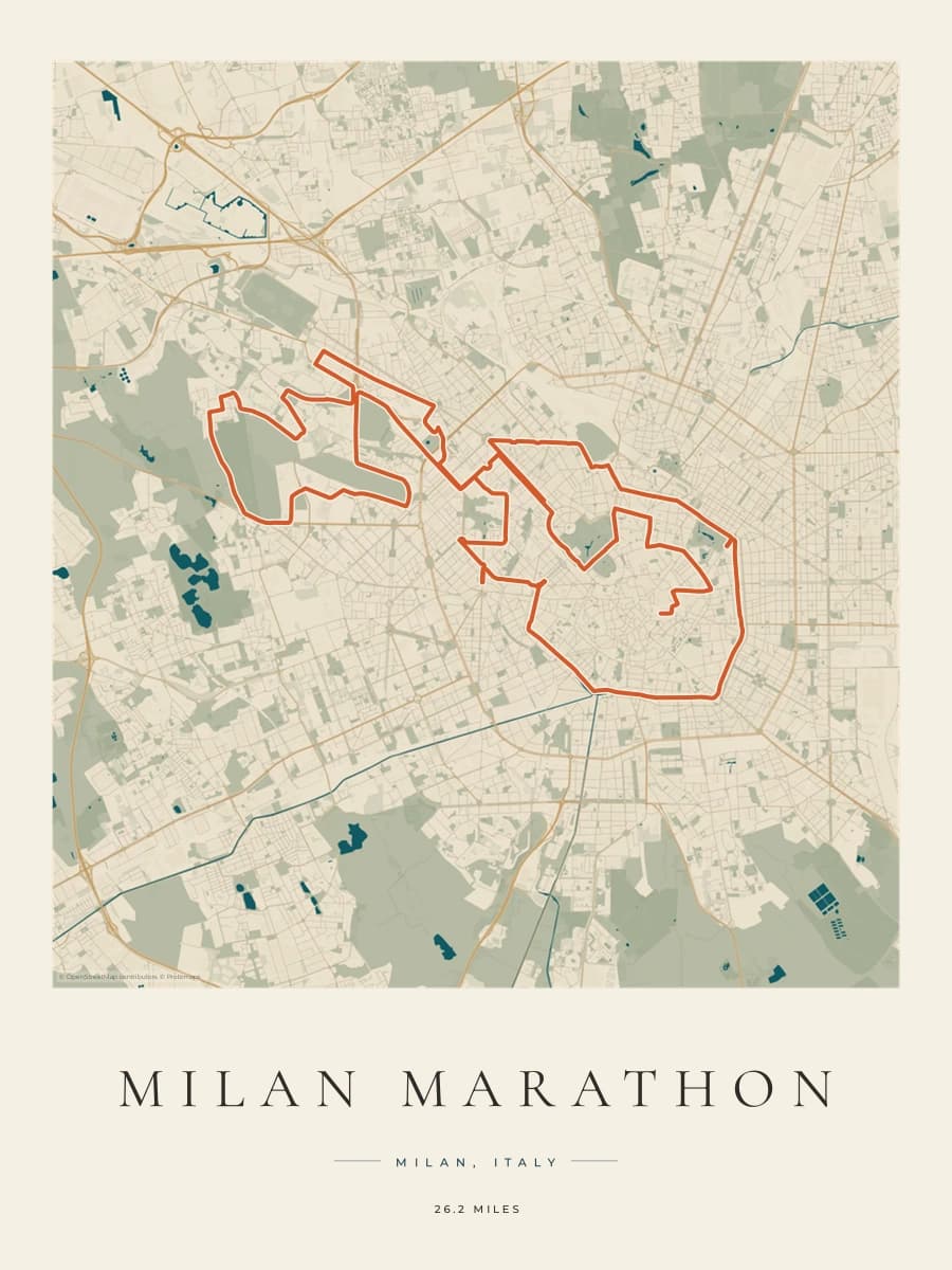 Milan Marathon route poster preview in the Coastal Atlas artwork style