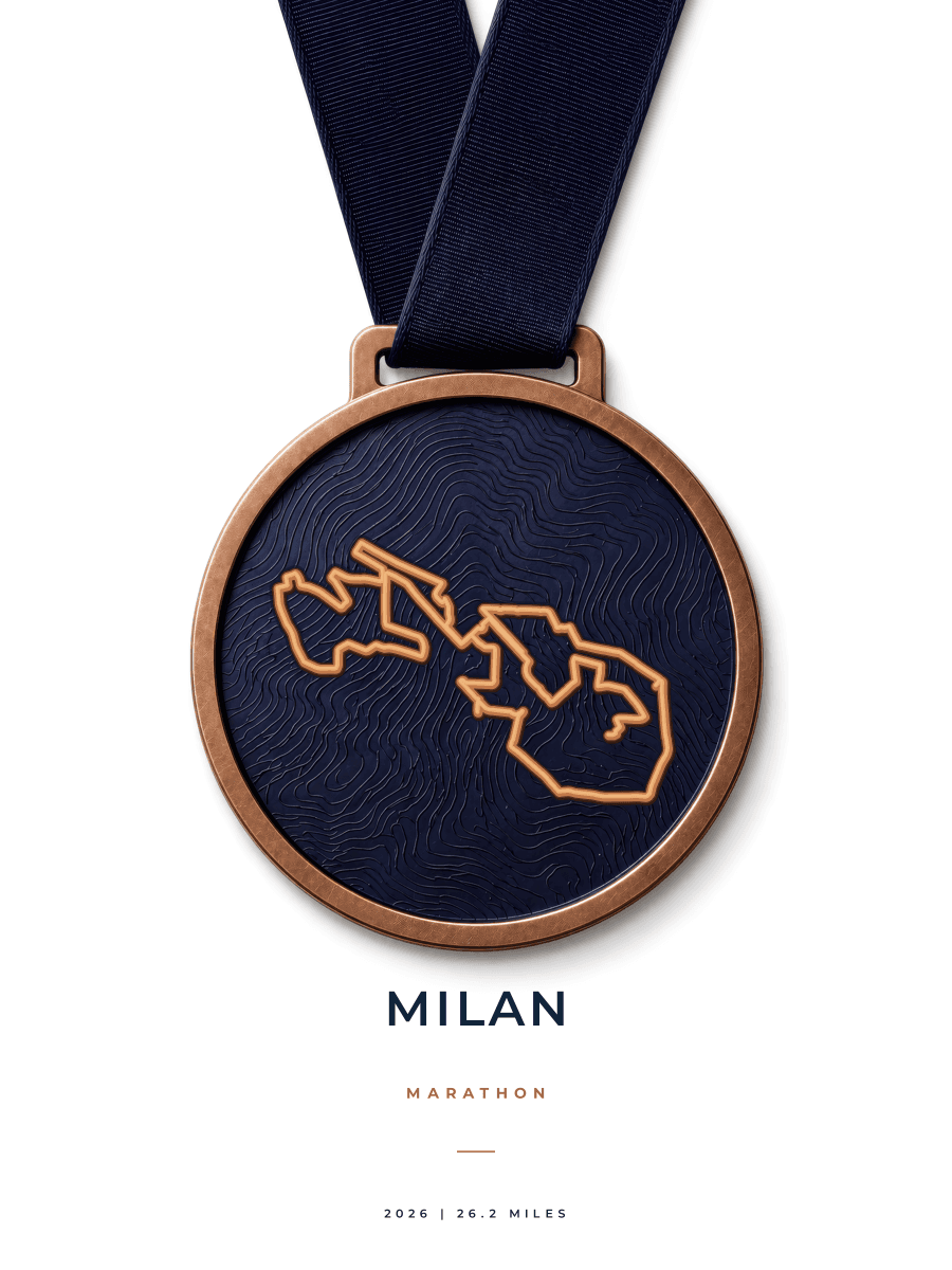 Milan Marathon route poster preview in the Medal artwork style