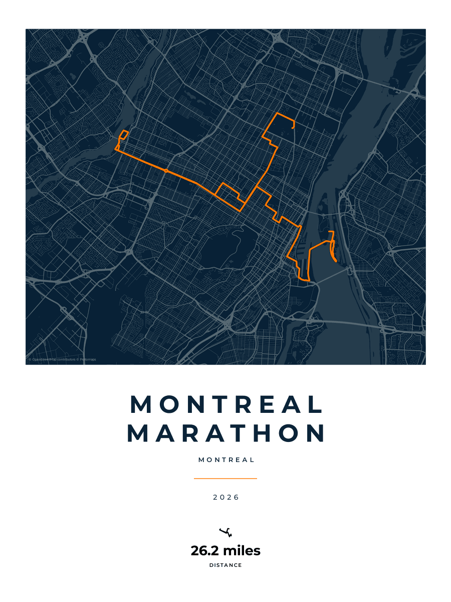 Montreal Marathon route map poster preview in the Race Blueprint artwork style