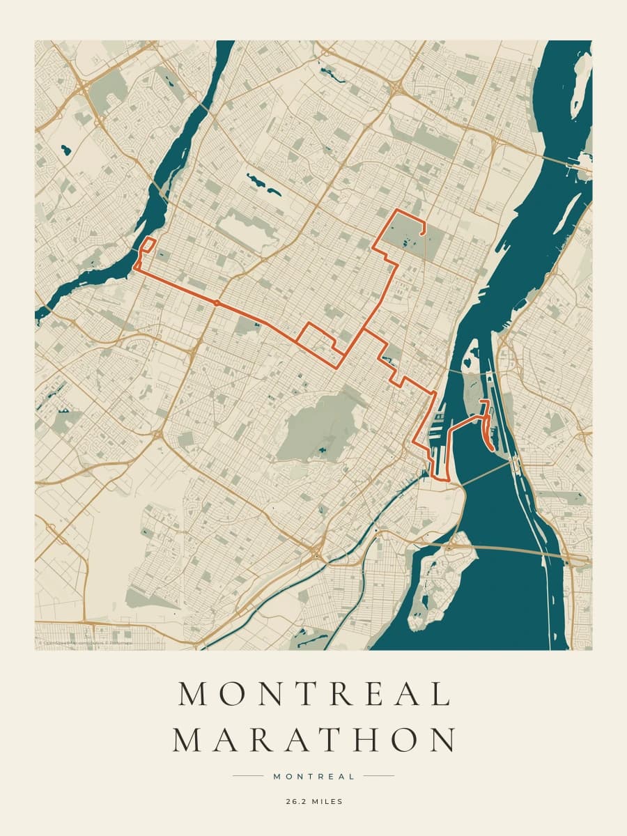 Montreal Marathon route map poster preview in the Coastal Atlas artwork style