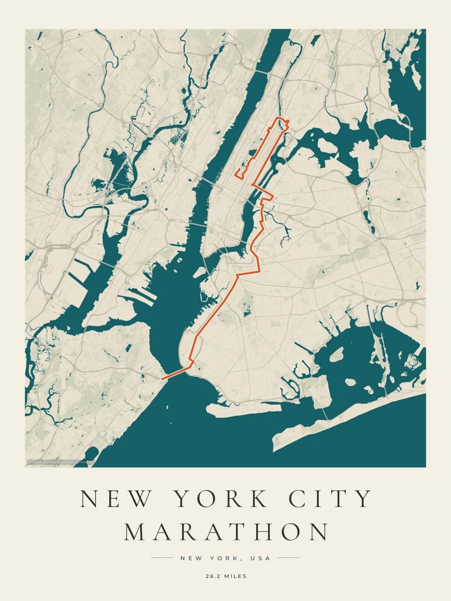 New York City Marathon route poster preview in the Coastal Atlas artwork style