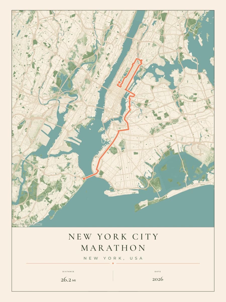 New York City Marathon route poster preview in the Parkland artwork style
