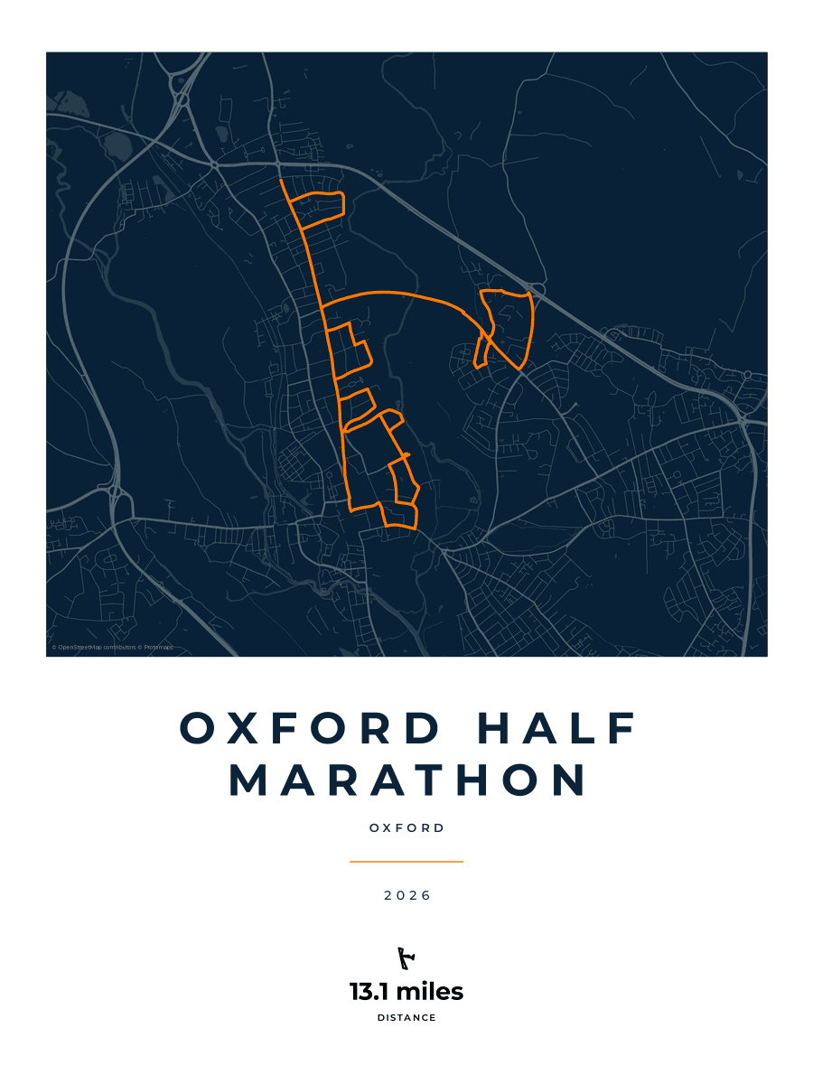 Oxford Half Marathon route map poster preview in the Race Blueprint artwork style